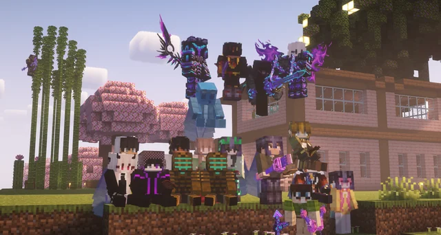 Minecraft players gathered near bamboo and pink cherry trees beside a timber house.