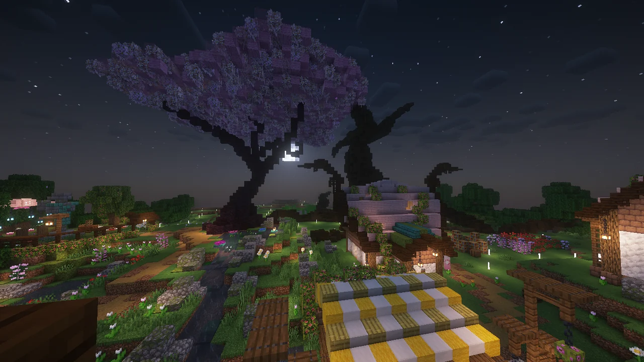 A large pink cherry tree over a village and market roof beneath a starry sky.