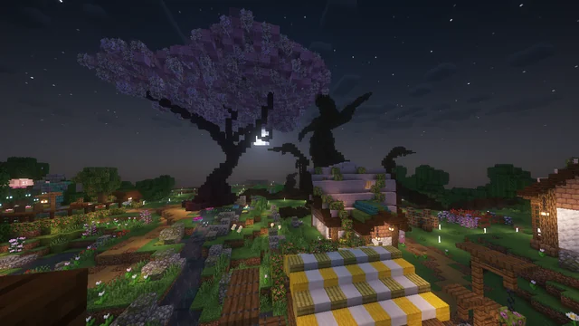 A large pink cherry tree over a village and market roof beneath a starry sky.