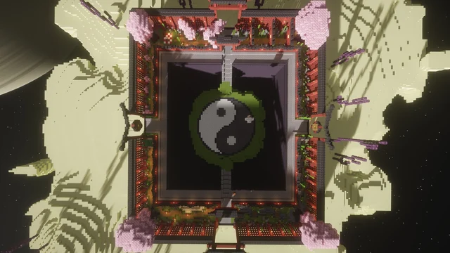 An overhead Minecraft view of a red-trimmed square courtyard with a black-and-white circular pattern.