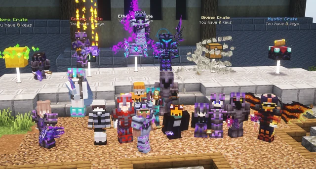 Minecraft players in colorful skins gathered before stone steps and glowing crate displays.