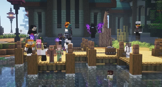 A group of Minecraft players on wooden platforms over water beside a large building.