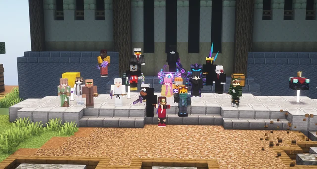 Minecraft players gathered across broad stone steps outside a timber building.