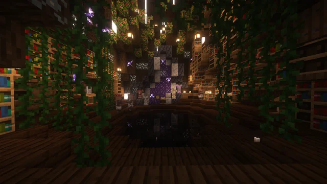 A dim wooden interior lined with bookshelves, hanging greenery, and warm lights.