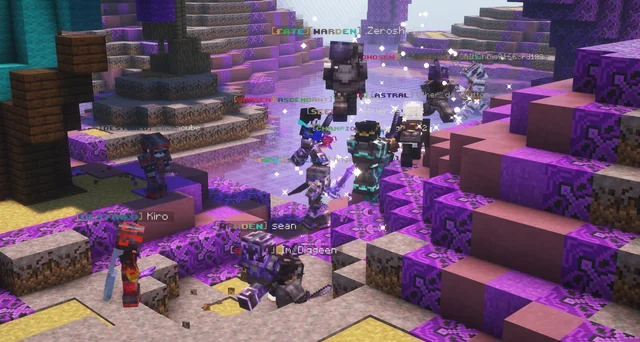Minecraft players gathered around stepped stone structures and bright purple blocks.