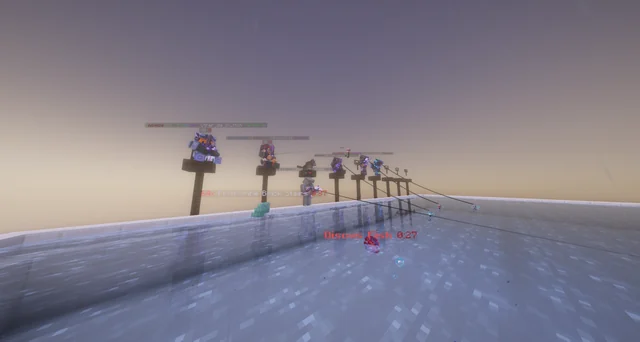 Minecraft players standing in a line on an elevated pale platform beneath a hazy sky.