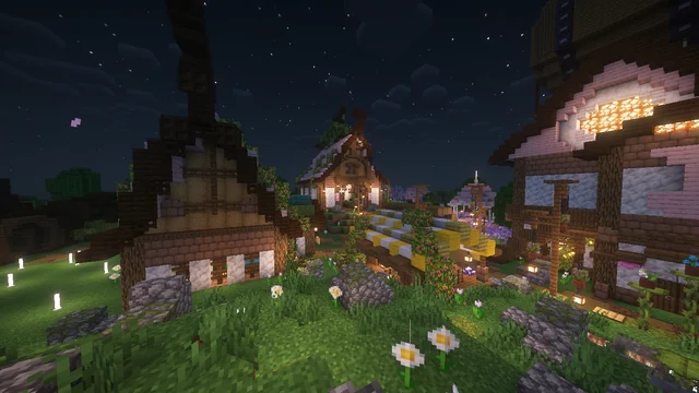 A lantern-lit path winding between timber cottages under a starry Minecraft sky.